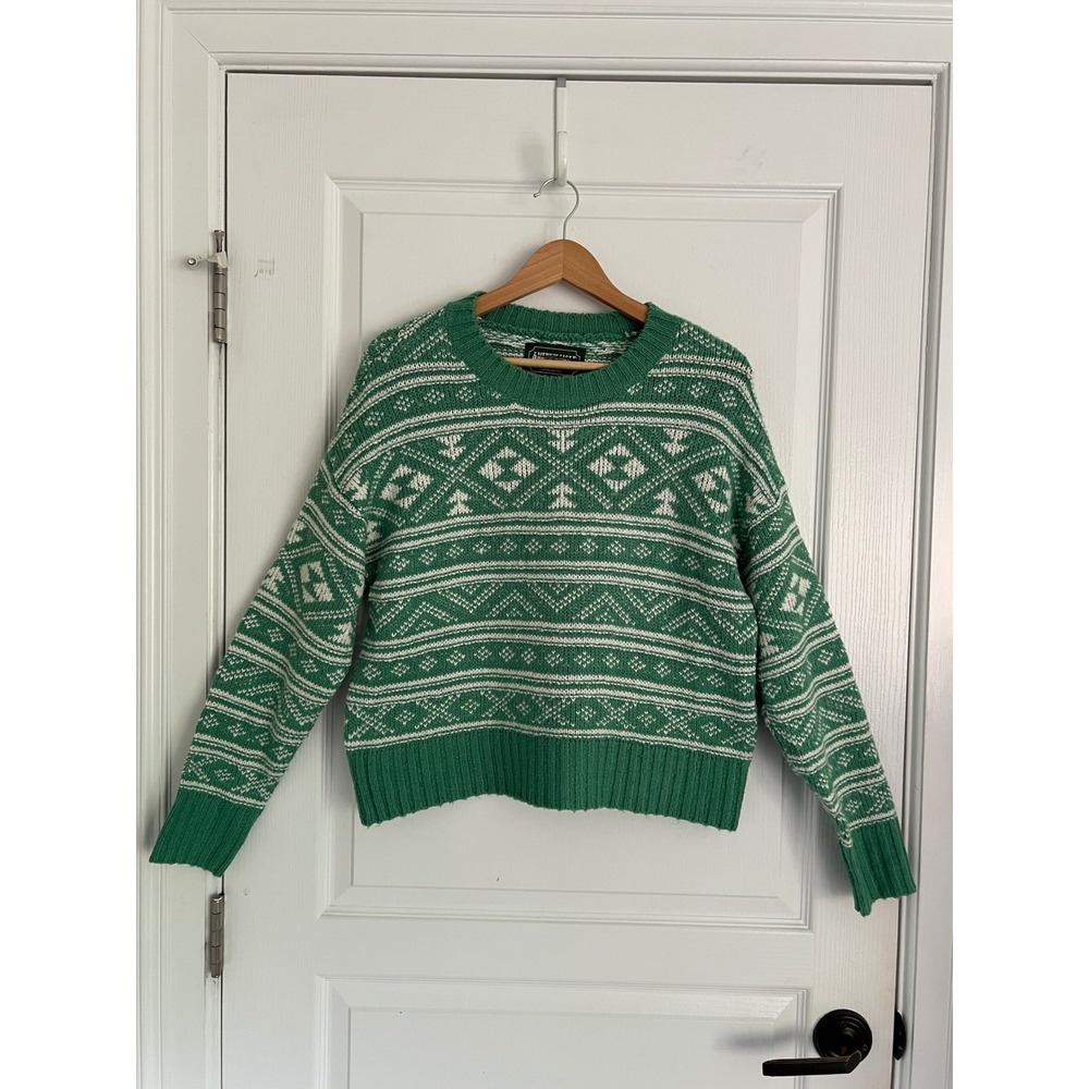 American Eagle Sweater Green White Fair Isle Knit Pullover Boho SoftGirl Cozy XS - Picture 2 of 9